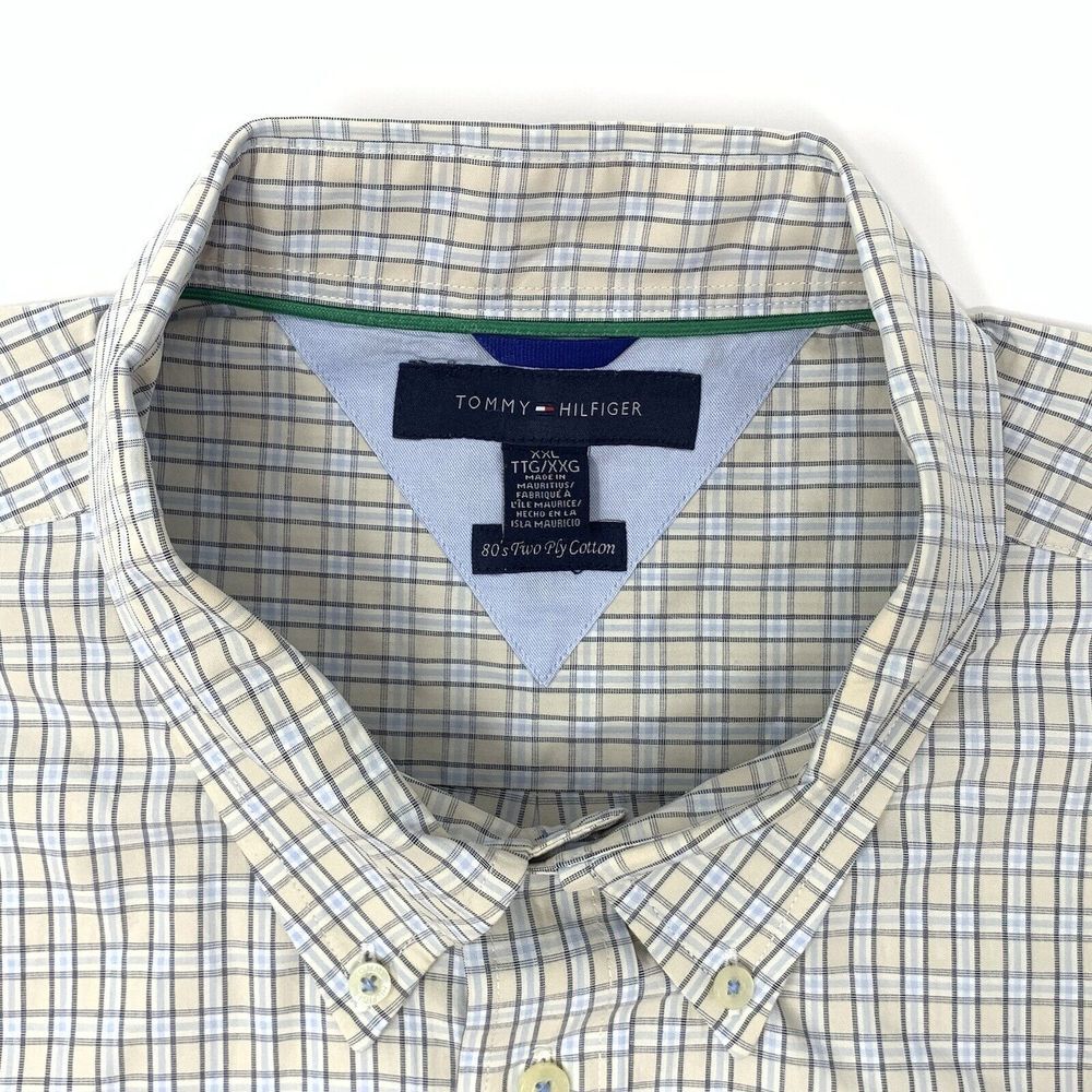 Tommy Hilfiger Beige Plaid Cotton Men's Short Sleeve Button Up Shirt Size XXL - Picture 3 of 9